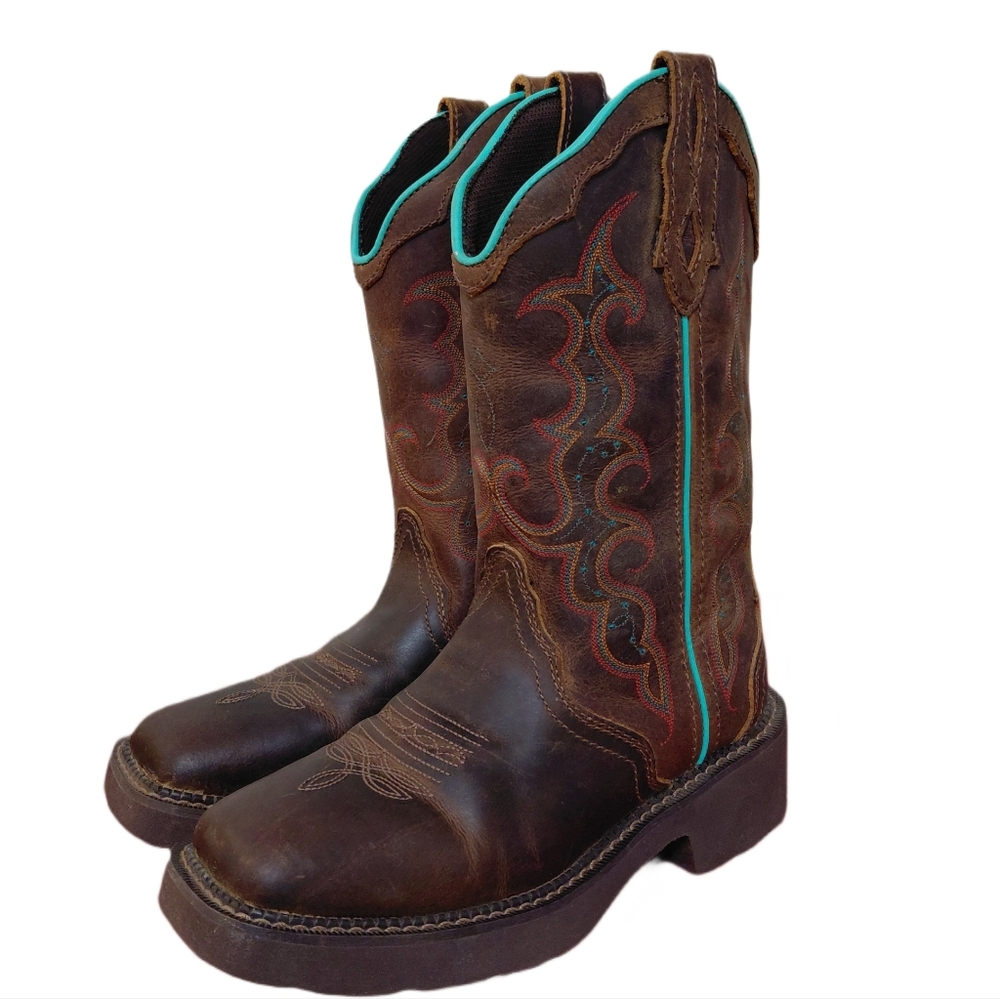 Justin Rya Women's Cowboy Boots Brown And Teal Leather Size 6 Cowgirl Boots